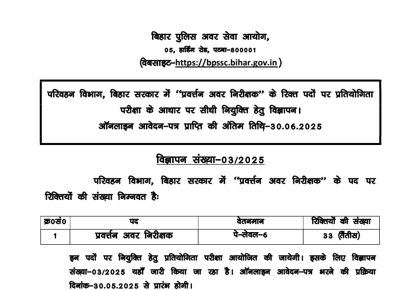 BPSSC Enforcement SI Recruitment 2025