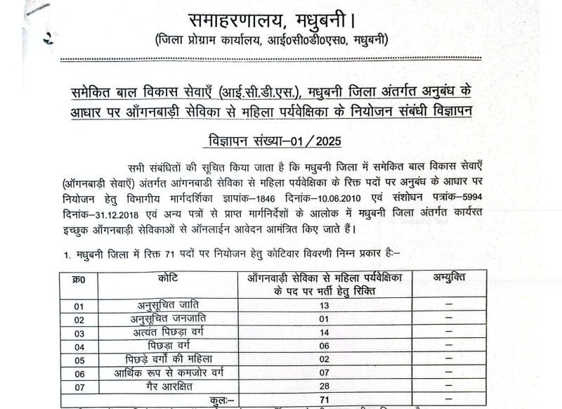 ICDS Bihar Madhubani Lady Supervisor Recruitment 2025