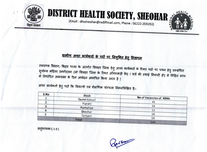 DHS Sheohar ASHA Worker Recruitment 2025