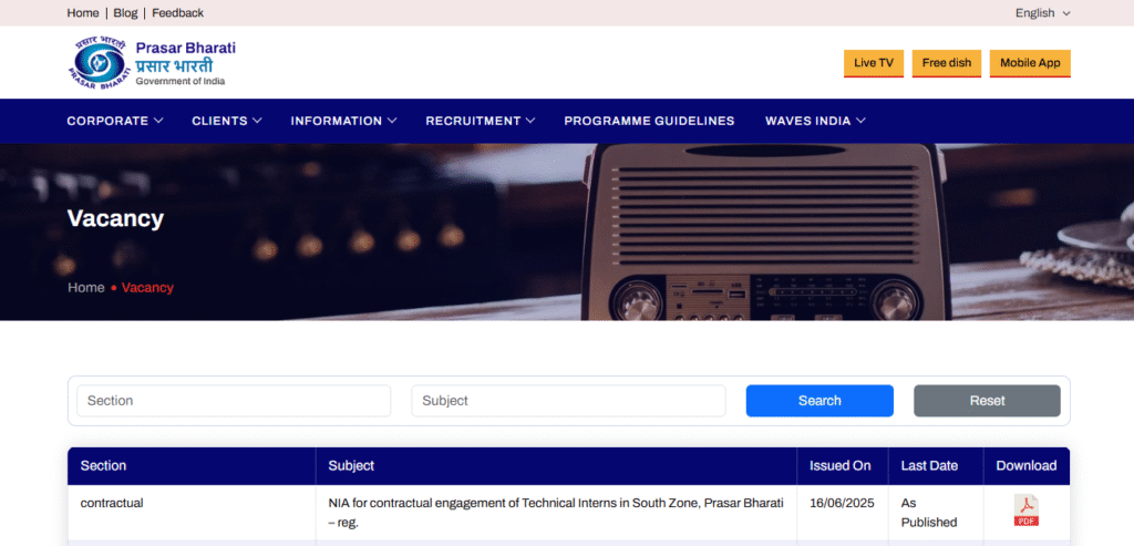 Prasar Bharati Technical Internship Program 2025